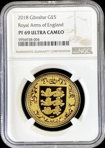 2018 GOLD GIBRALTAR 5 POUNDS ROYAL ARMS OF ENGLAND COIN NGC PROOF 69 UC - Picture 1 of 2