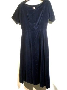 Vintage Antique Blue Velvet Dress Lanz Originals Button Front Full Skirt Classic - Picture 1 of 23
