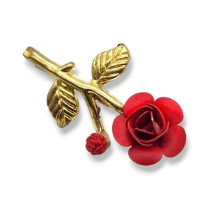 Broche Rojo Esmalte Rosa Vintage Años 70 Flor Pinup Oro Flor San Valentín Amor - Imagen 1 de 12