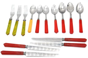 Vintage Bakelit Sta-Brite Stil Utensil Gabel Löffel Messer grün gelb rot Retro - Bild 1 von 13