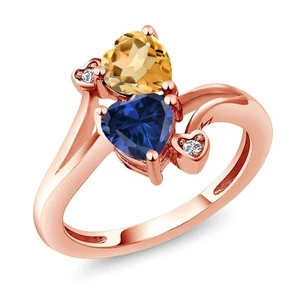 18K Rose Gold Plated Silver Citrine Created Sapphire and White Moissanite Ring - Picture 1 of 6