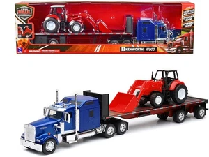 Kenworth W900 Truck with Flatbed Trailer Blue Metallic with Farm Tractor Red "Lo - Picture 1 of 1