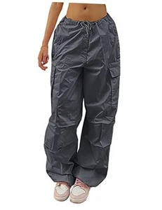 Parachute Pants for Women Elastic Waistline Drawstring Cargo Pants Small D Grey - Picture 1 of 7