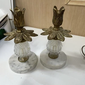 2er Set antike Kerzenständer Tulpe Messing Kristall und Marmor 8 Zoll - Bild 1 von 14