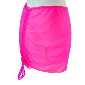 Short Sarong Bikini Swim Wrap Cover Up Size XS Pink Sheer Mesh Ruched Drawstring - Picture 1 of 7