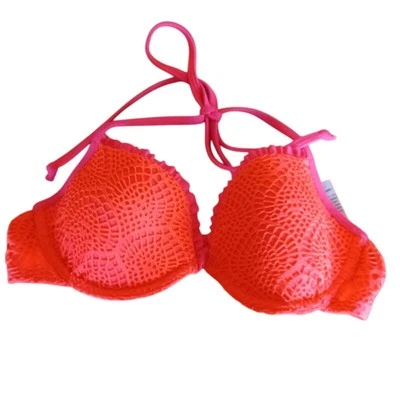 Top de bikini Hollister naranja fluorescente para mujer pequeño encaje superpuesto halter corbata Foto 1 de 4