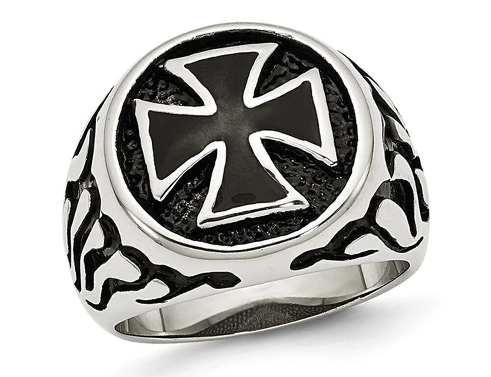 Mens Antiqued Stainless Steel Ring with Cross - Image 1 of 4