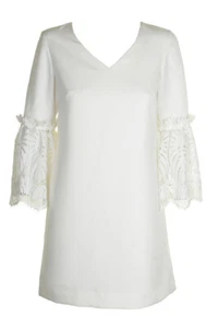 Tahari Asl Ivory Bell-Sleeve Crochet-Contrast Crepe Shift Dress 2 - Picture 1 of 3