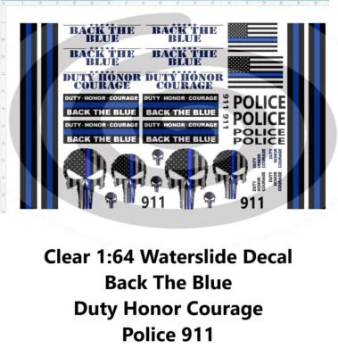 透明 1: 64 滑水贴花 JDM 大众 Silverado Camaro 背蓝色警察 911 — 第 1/2 张图片