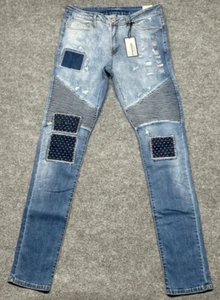 Rue21 Jeans Mens 34X34 Blue Stacked Skinny Patch Distressed Supreme Flex New - Picture 1 of 12