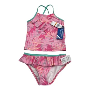 Nautica Girls 7 Palm Tree Print Bikini Swimming Suit Two-Piece Carmine Rose - Picture 1 of 4