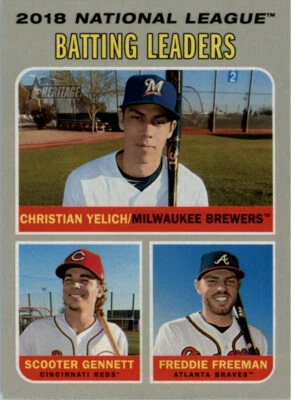 2019 Topps Heritage N.L. Batting leaders #61 Yelich Gennett Freeman - Image 1 of 2