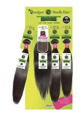 Janet Collection 100% Unprocessed Hair BRAZILIAN STRAIGHT 3PCS + 4X4 FREE PART  - Image 1 of 4