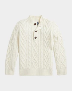 Polo Ralph Lauren Wool Cashmere Blend Cable Knit Sweater Boys 7 Cream Button - Picture 1 of 17