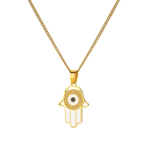 Schützende Hamsa-Hand Halskette – Goldfarben mit weißem Akzent – Spirituell - Bild 1 von 6