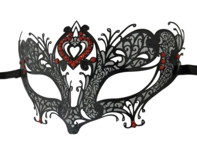 Red Double Heart Black Laser Cut Venetian Masquerade Metal Filigree Mask Rhinest - Image 1 of 2