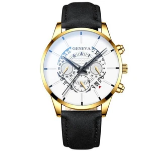 Herren Quarts Edelstahl Uhr schwarz Lederarmband Gold & Weißgold C Etui - Bild 1 von 1