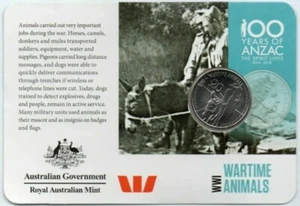 2015 100 Years of ANZAC Wartime Animals 20C UNC Coin RAM Carded - Picture 1 of 2