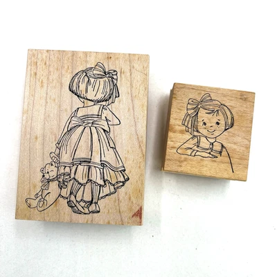 Art Impressions Rubber Stamps Annie Girl Dress Teddy Bear Front Back - Image 1 of 4
