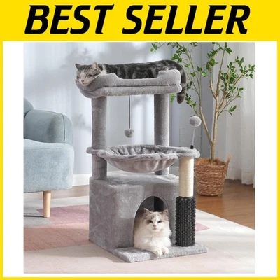 5-in-1 Cat Tree Tower: 32” Height, Large Hammock & Self Groomer in Gray - Image 1 of 4
