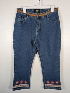 Pantalones de mezclilla para mujer FUBU The Collection W13/14 bordados Capri Y2K ribete de cinta azul - Imagen 1 de 13