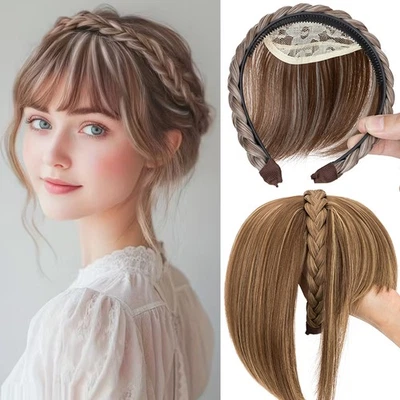 10" Women Braided Headband Straight Synthetic Clip in Topper Hair with Bangs US - Image 1 of 4