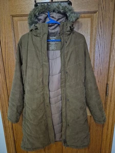 L.L. Bean Size XS Faux Suede Coat Padded Full Zip Faux Fur Hood Trim Brown EUC - Picture 1 of 5