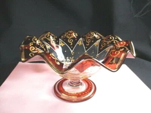 CZECH MOSER ART GLASS FOOTED BOWL BYZANTINE GOLD HP ENAMELS BLOOD RED V PANELS - Picture 1 of 11