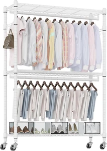 3 Tier Heavy Duty Garment Rack with Wheels, Adjustable Wire Clothes Rack with Do - Picture 1 of 12