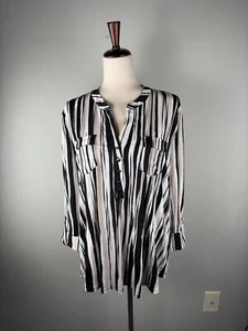 Top blusa donna Cocomo XL nero marrone bianco righe pintuck rotolo linguetta maniche NUOVO - Foto 1 di 9