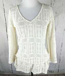 Maglione tunica donna LUCKY BRAND uncinetto scollo a V XS bianco cravatta vita festival top - Foto 1 di 6