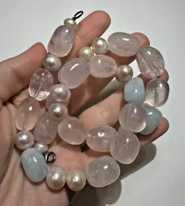 Grosso Rosa Quarzo Blu Tormalina Perle Pietra 103g Argento Vintage Collana - Foto 1 di 5