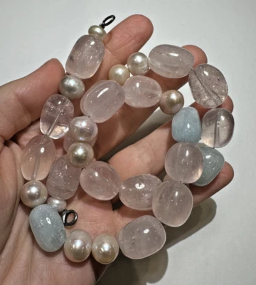 Grosso Rosa Quarzo Blu Tormalina Perle Pietra 103g Argento Vintage Collana - Immagine 1 di 4