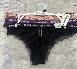 NWT Bebe Intimates 3 Pack Lace Logo Thongs Size XL New Multicolor. - Picture 1 of 6