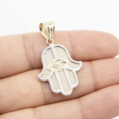 Dije colgante Hamsa de oro blanco amarillo real de 10 quilates con corte de diamante de 1 1/2" Foto 1 de 4