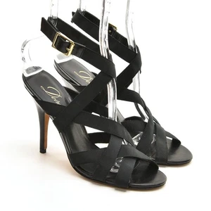 Womens Delman Ester $295 Strappy Sandals 7.5 M Black Grosgrain High Heels Shoes - Picture 1 of 7