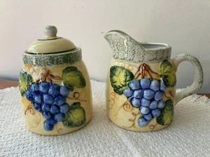 Vintage handbemalt Keramik 3-teiliges Sahne & Zucker Set lila Trauben grün Schwammgeschirr - Bild 1 von 9