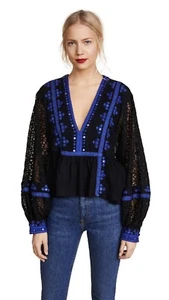 Free People Size M black/blue boogie all night lace sleeves blouse - Picture 1 of 11