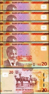 Namibia 20 Dollars 2022, UNC, 5 Stück LOT, in Folge, P-17 Neu - Bild 1 von 4