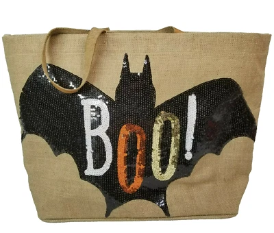 Сумка-тоут с блестками для Хэллоуина большая мешковина BOO летучая мышь джутовый желтовато-коричневый черный ослепительный грязевой пирог - Изображение 1 из 4