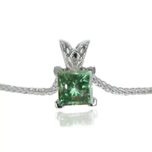 Solitaire Diamond Pendant Necklace Green Princess Treated 14K White Gold 0.46 CT - Picture 1 of 4