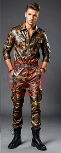 MEN'S GENUINE SOFT BROWN CAMOUFLAGE LEATHER CATSUIT OVERALL BODYSUIT JUMPSUIT - Picture 1 of 3