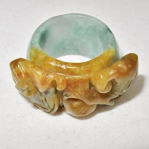 Chinese Carved Green & Burnt Orange JADEITE Jade Ring with Bat, Peach & Ruyi - Picture 1 of 12