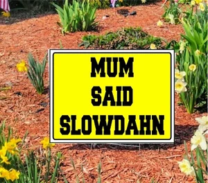 MUM SAID SLOWDAHN Reduzca la velocidad de los letreros de césped amarillo con estaca para calles / carreteras - Imagen 1 de 2