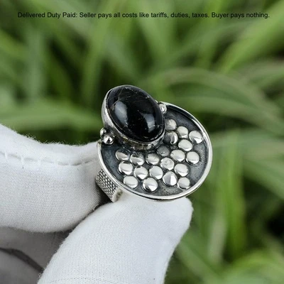 Novo anel declaração turquesa cobre preto natural tamanho 6 prata esterlina - Imagem 1 de 4