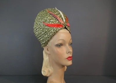 Vintage Tall Green Straw Turban Style Hat 1960s, handmade by Hazel, Tall Unusual - Image 1 of 4
