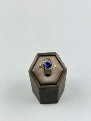 Кольцо из золота 9 карат с аметистом и бриллиантом, винтажный клейменный натуральный аметист  - Изображение 1 из 4