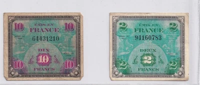 Allied Military Currency 2 Francs & 10 Francs French Banknotes 1944 WWII - Image 1 of 2