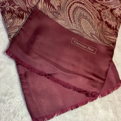 Vtg Christian Dior Scarf Felt Lined Burgundy Gray Paisley Fringe Neck Warmer 26L - Image 1 of 4