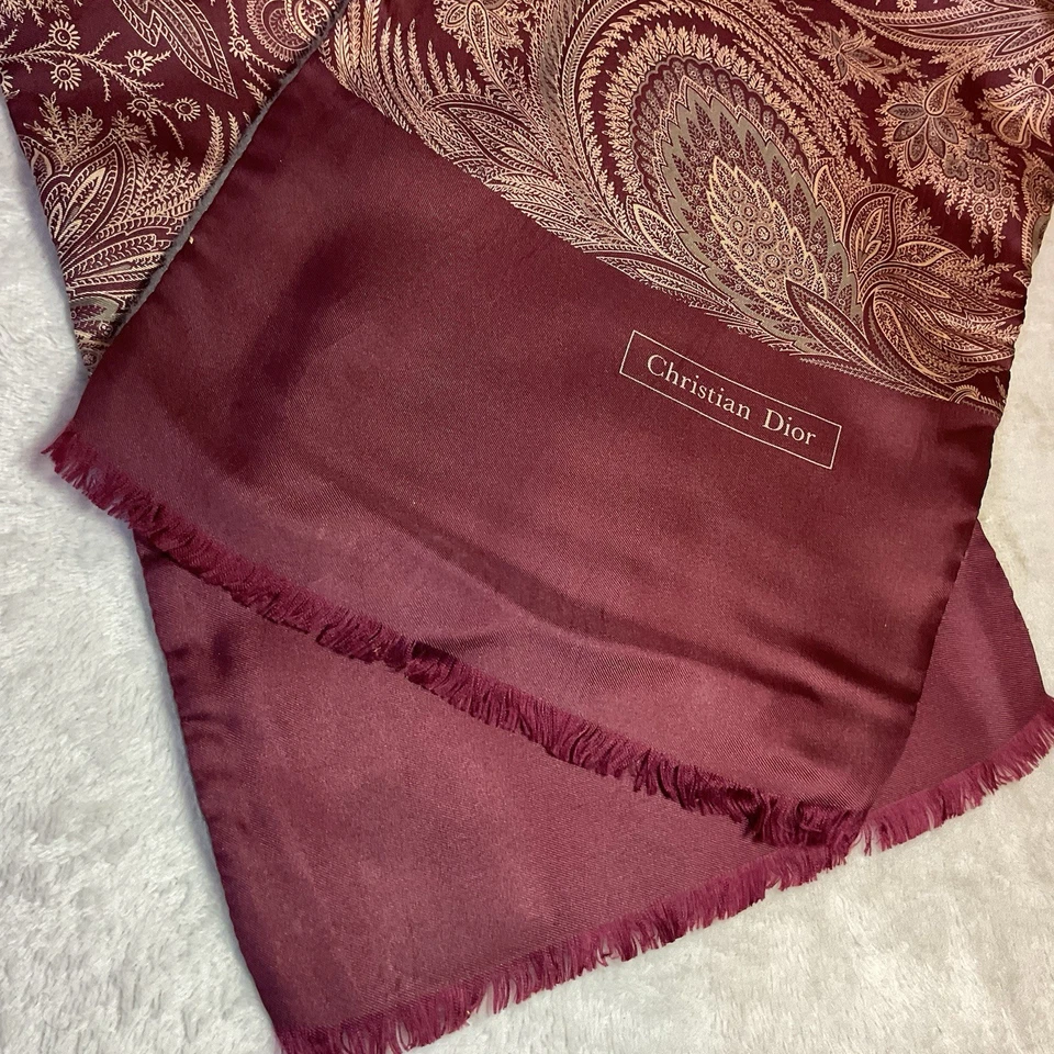 Vtg Christian Dior Scarf Felt Lined Burgundy Gray Paisley Fringe Neck Warmer 26L - Image 1 of 4